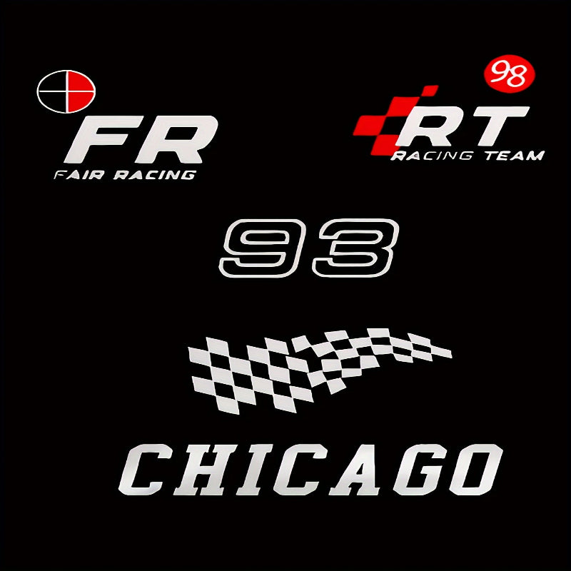 Collection of racing-themed logos and text on a black background