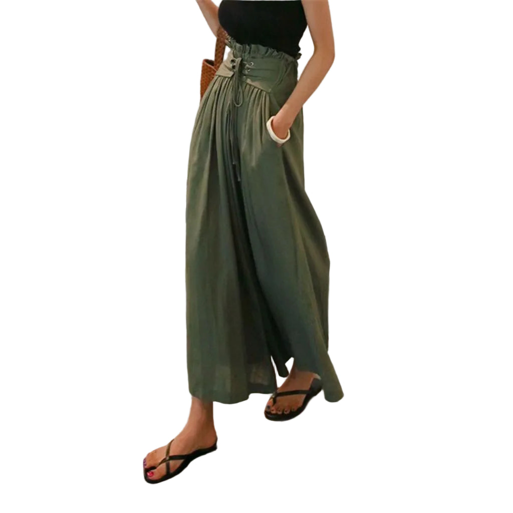 Lace - up high waist wide leg pants trousers - CasualFlowshop