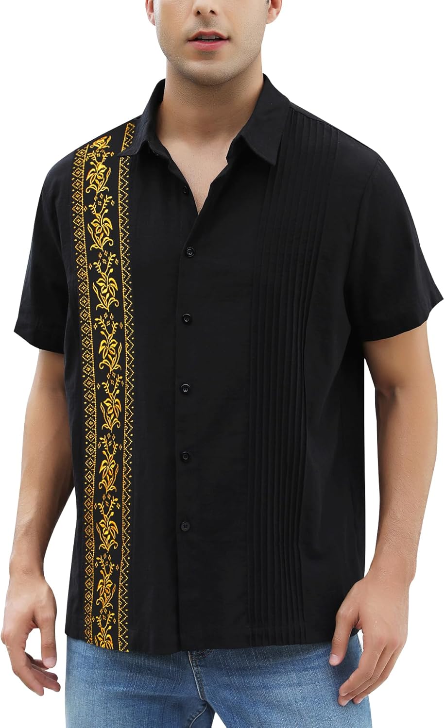 Men’s Black & Gold Guayabera Shirt – Traditional Mexican Elegance - CasualFlowshop