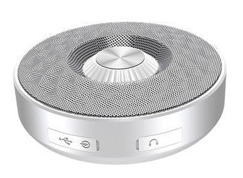 A compact and portable mini wireless Bluetooth speaker with a black color scheme, featuring a geometric pattern on the top surface and a metal grill.