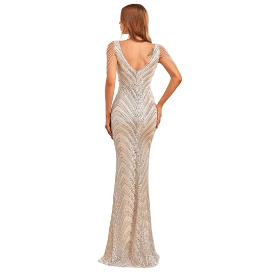 Women's formal evening gown back view long black elegant dress