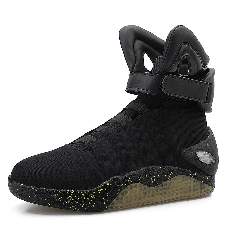 Black LED high-top sneakers for men with light-up sole – streetwear style