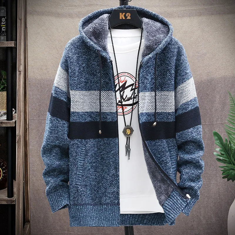 Blue and gray striped hoodie on a mannequin against a neutral background