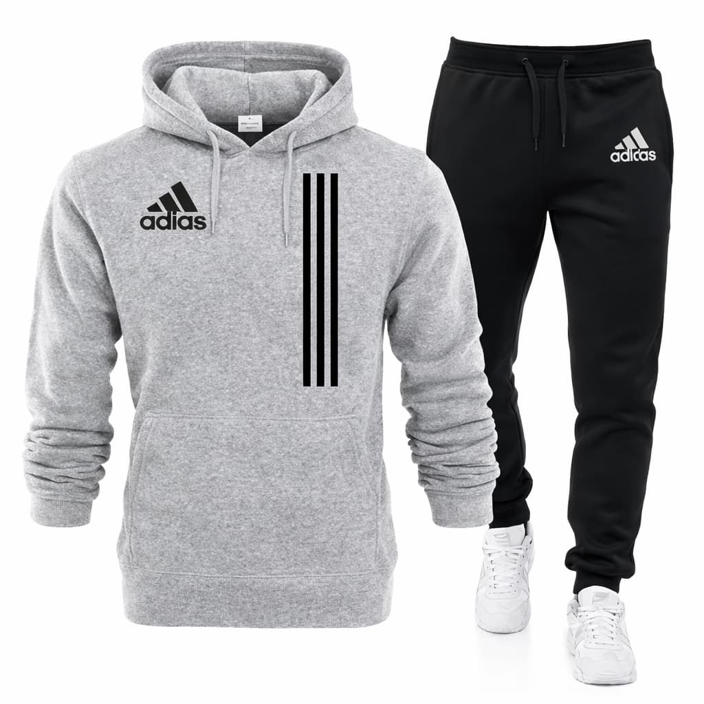 Gray hoodie and black pants with Adidas logo on a white background