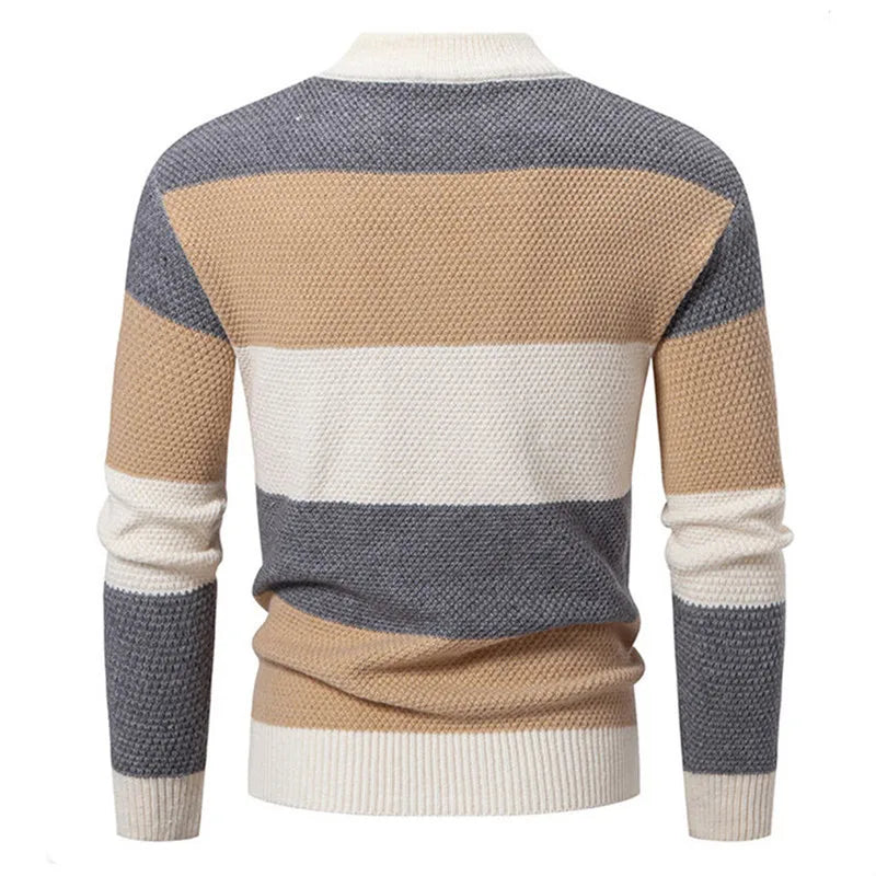 Men's khaki, grey and white patchwork cable knit mock neck sweater