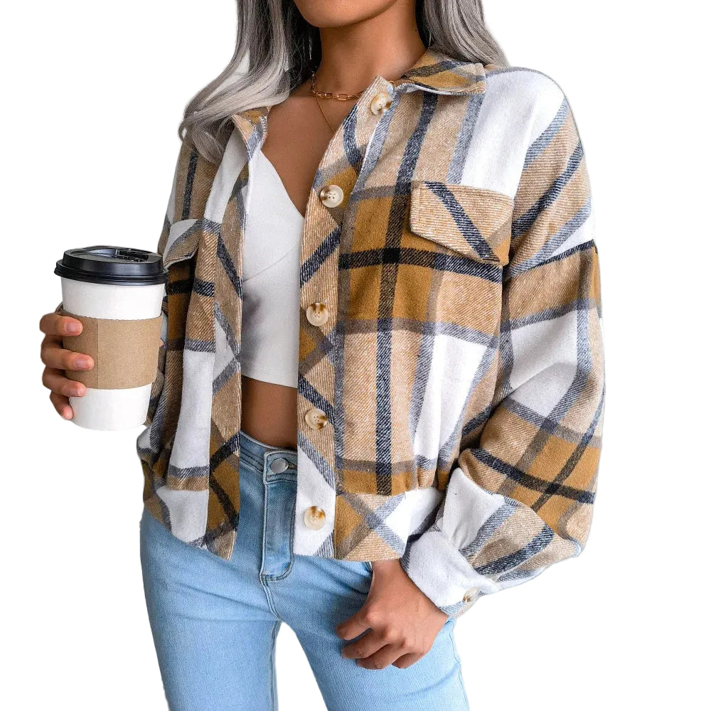 Women's slim wool plaid coat in khaki tones, casual winter jacket styled with jeans for everyday wear