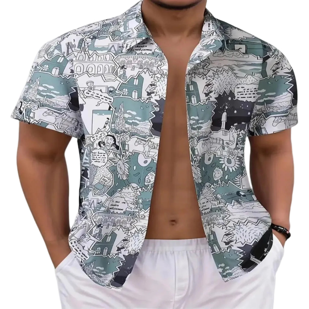 Men’s flamingo print short sleeve button-up shirt, lightweight casual summer shirt