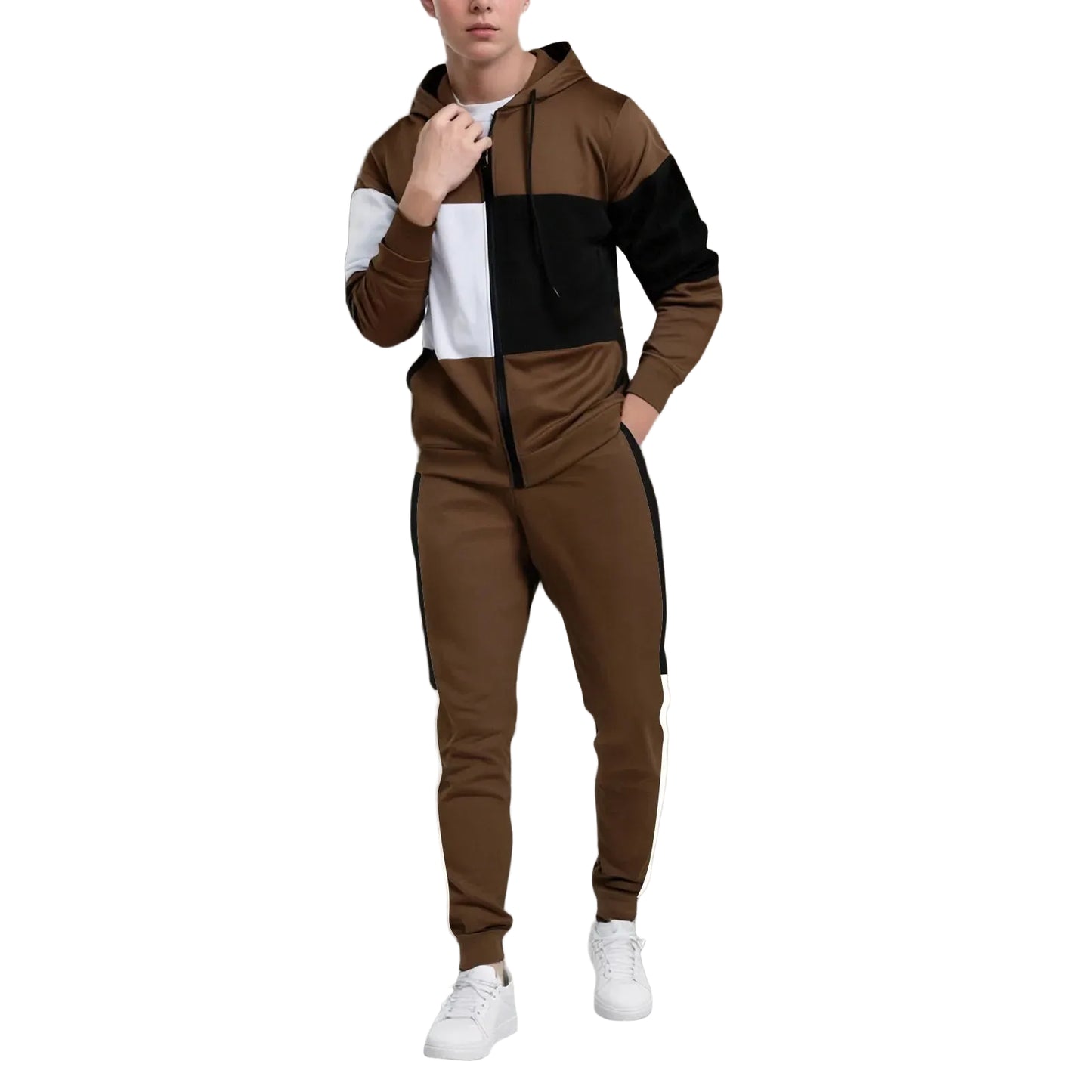 Men’s plus size two-piece tracksuit set in navy and beige color block design