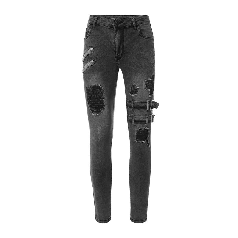 Black distressed jeans on a white background