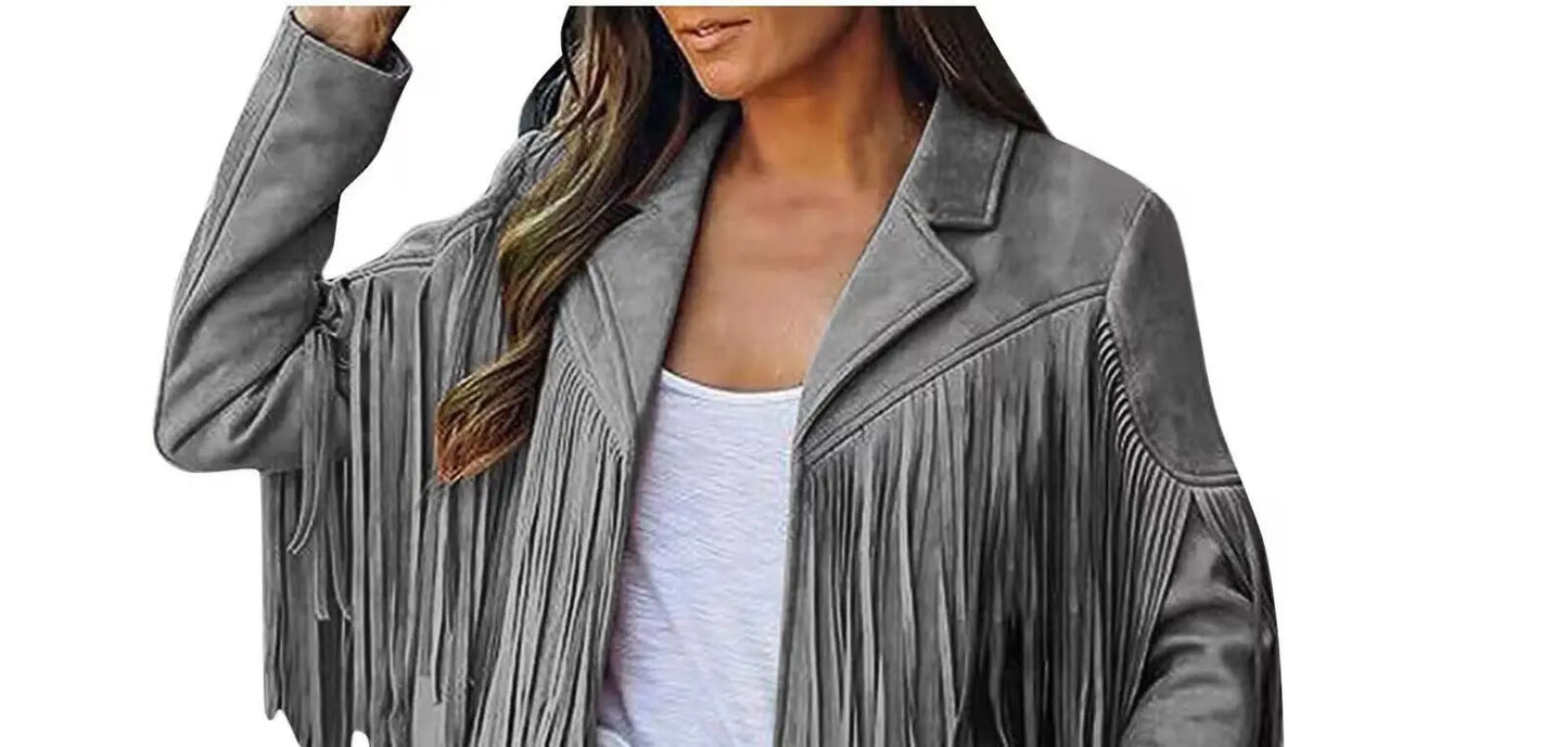 Gray fringe jacket worn by a person on a white background