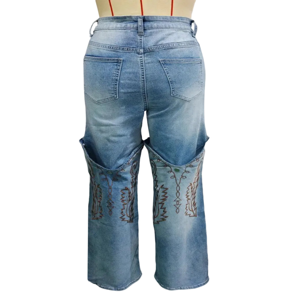 High waist straight leg jeans for women back view vintage embroidered denim
