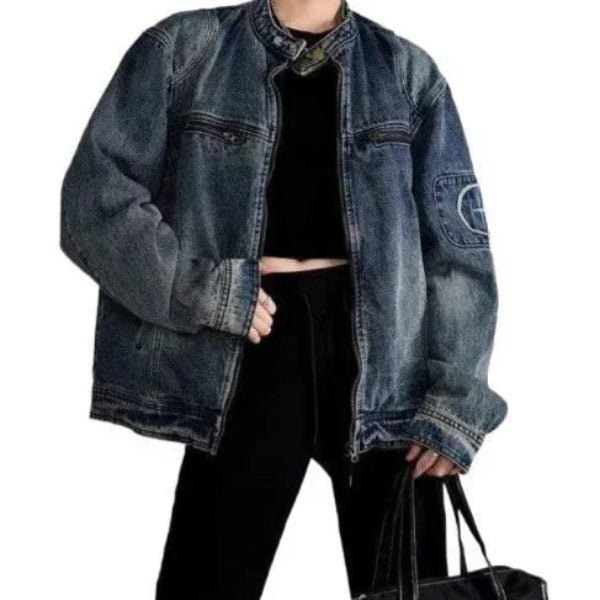 Black Denim Oversized Jacket – Retro Washed Streetwear Zip - Up Coat - CasualFlowshop