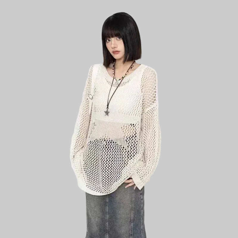Long sleeve t-shirt with hollow mesh Knit-Along Sweater Guide - CasualFlowshop