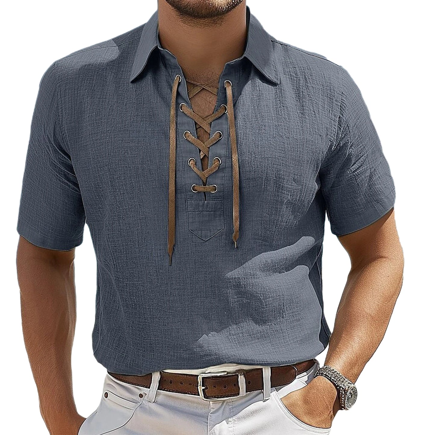 Man wearing a blue short-sleeve shirt with lace-up front design on a white background