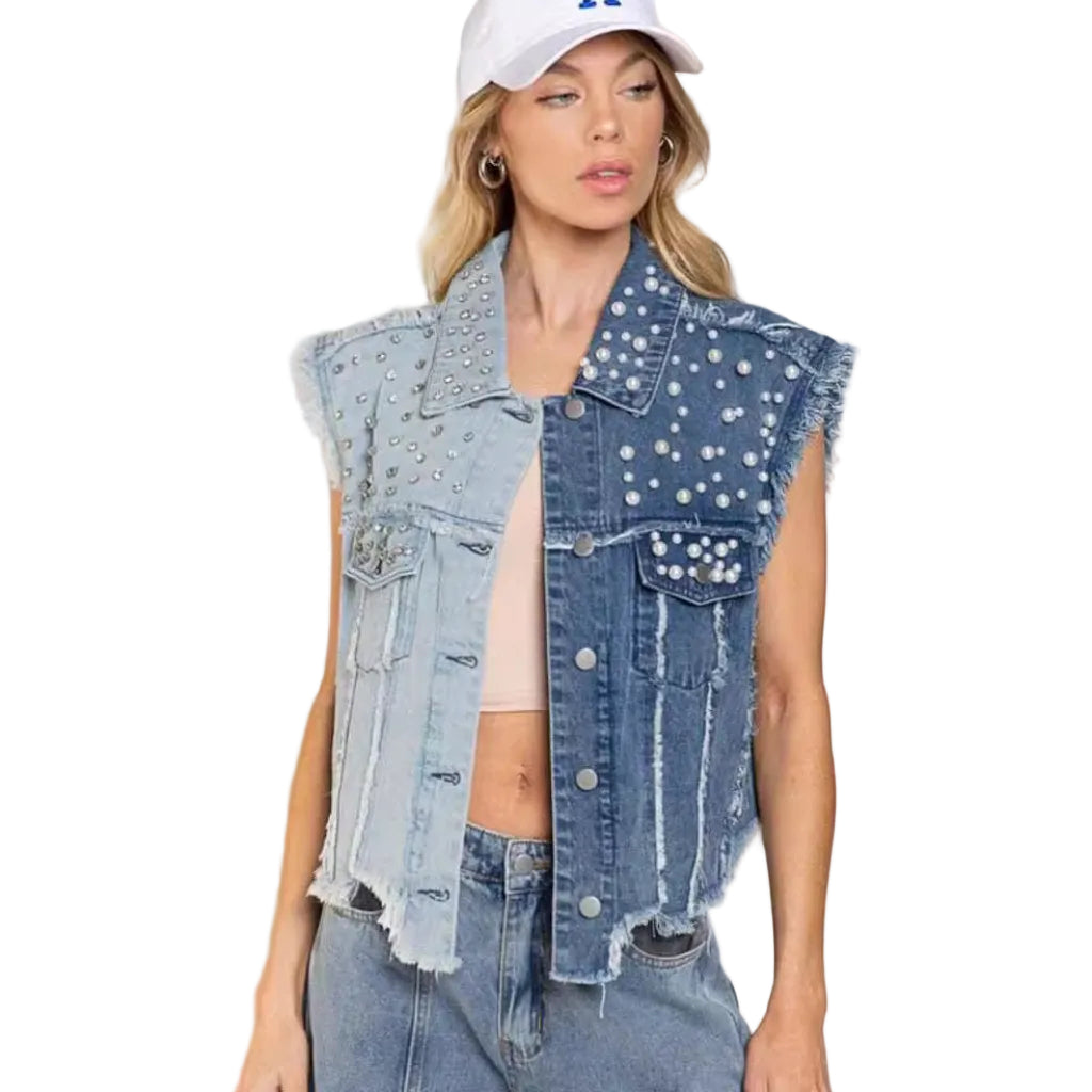 Splicing Beads Loose Women's Short Denim Vest - CasualFlowshop