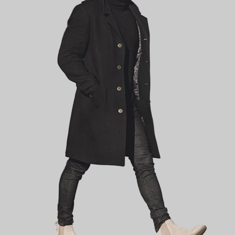 Coat long black men winter trench overcoat
