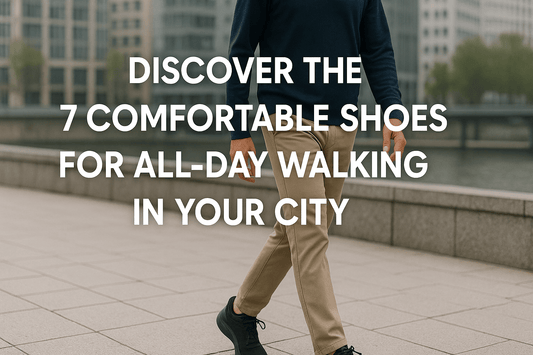 Man walking in the city wearing comfortable sneakers, representing all-day walking shoes  for urban comfort and support.