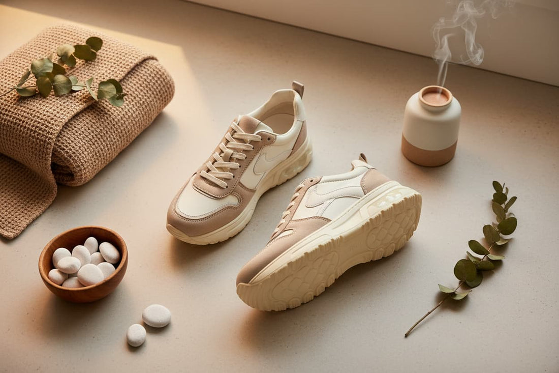 Comfortable walking sneakers on a neutral surface, ideal for standing all day — 2026 top picks for cushioning and arch support