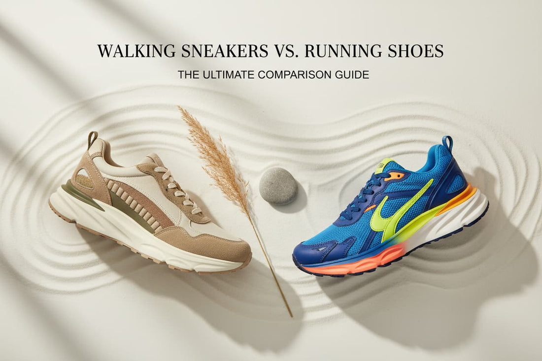 Walking sneaker and running shoe side by side on a neutral background, comparing style and performance footwear for 2026