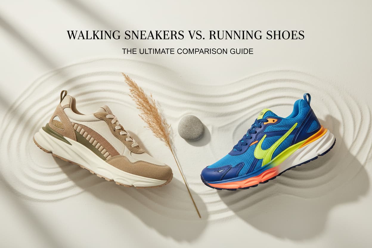 Walking sneaker and running shoe side by side on a neutral background, comparing style and performance footwear for 2026