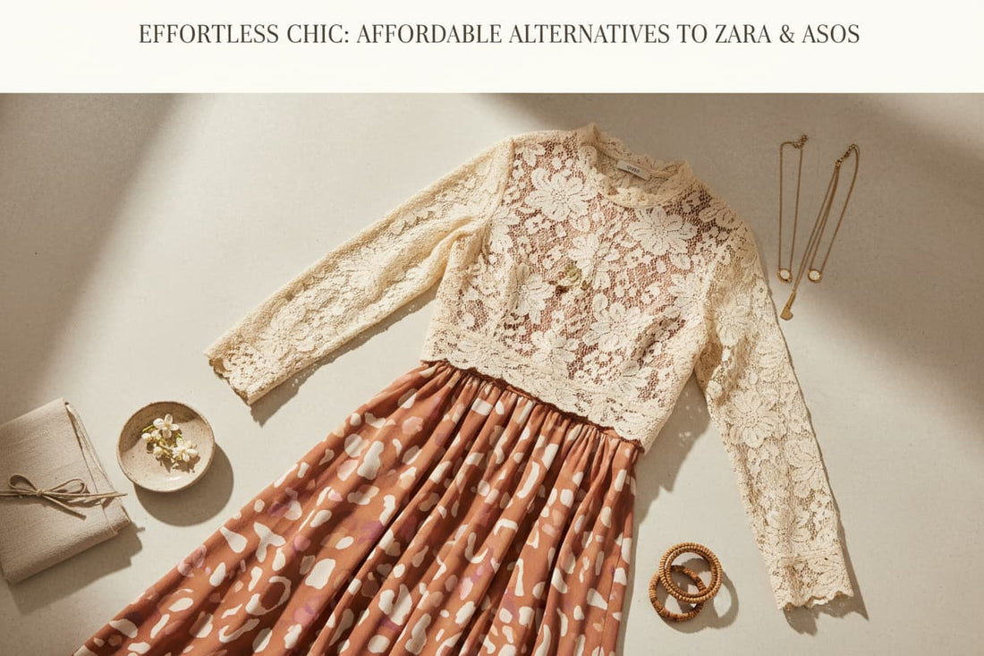 Elegant women's maxi dress and lace blouse styled as affordable alternatives to Zara and ASOS – 2026 fashion picks