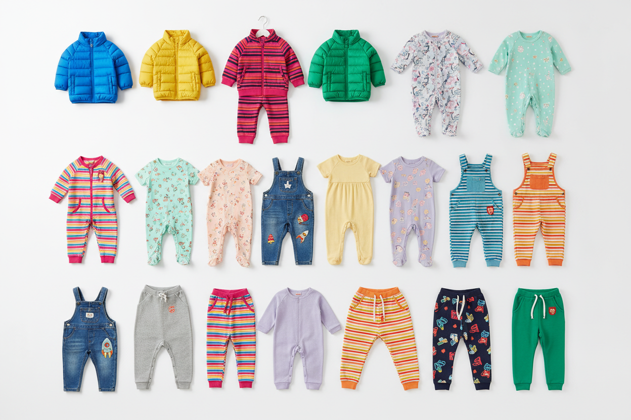 Kids and babies fashion collection – colorful jackets, outfits and pants for boys and girls