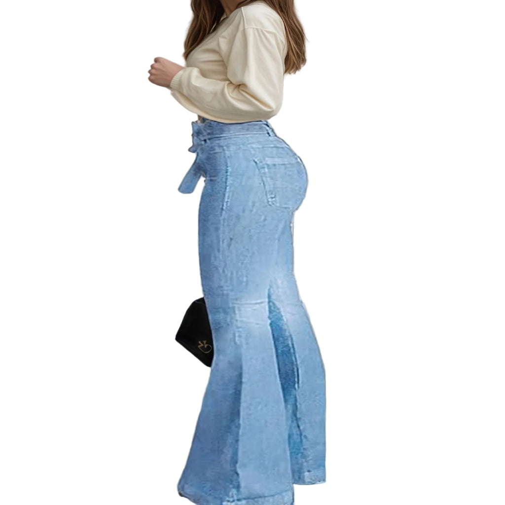 high waisted flare jeans women light wash side view