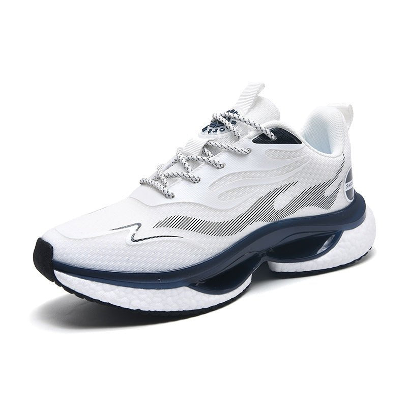 White athletic shoe with blue accents on a white background