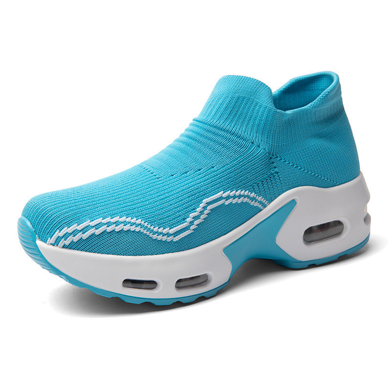 Women's Mesh Sock Sneakers Blue  with white sole on a white -At Casual Flow Shop