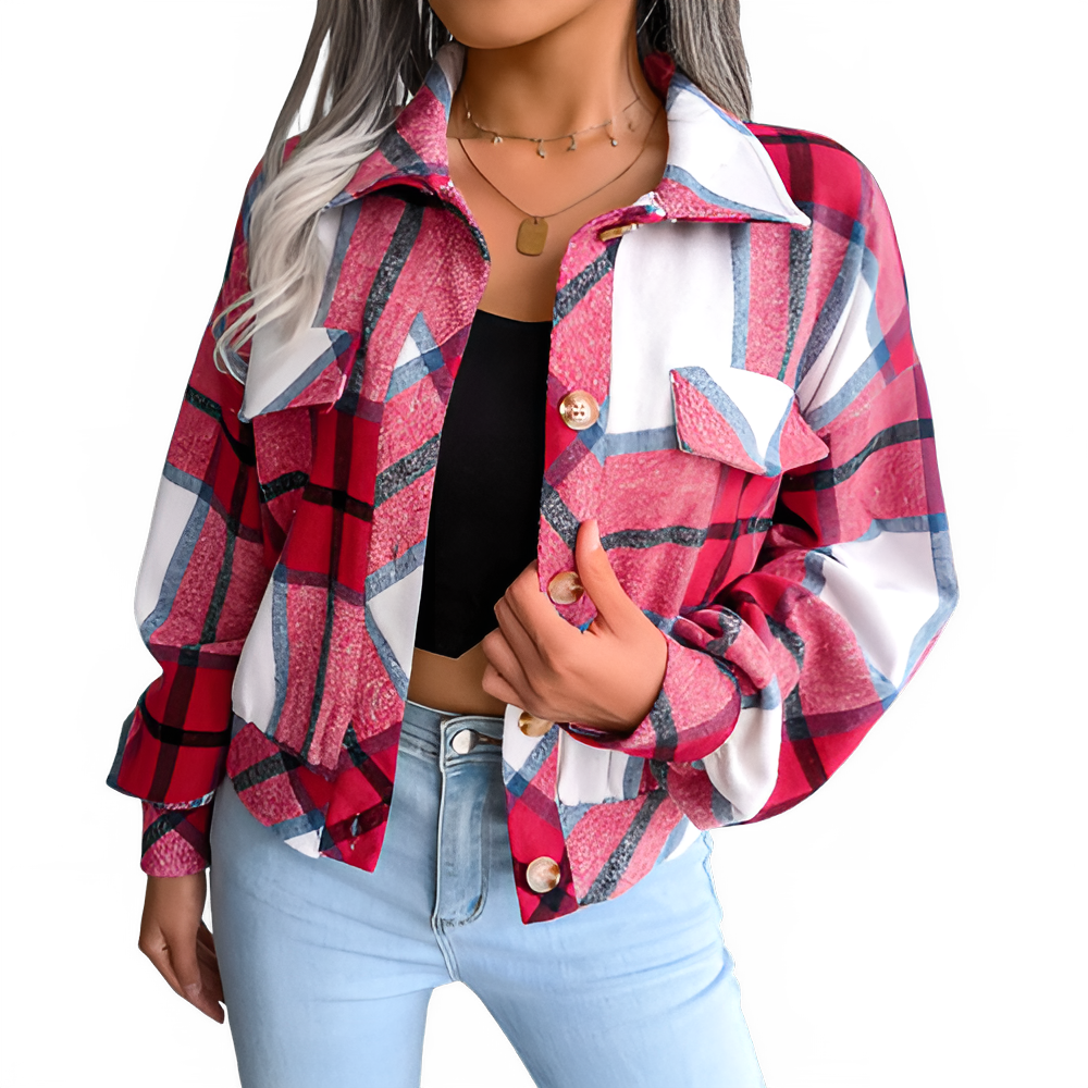 Women's slim wool plaid coat in red tones, stylish winter jacket for casual and elegant outfits