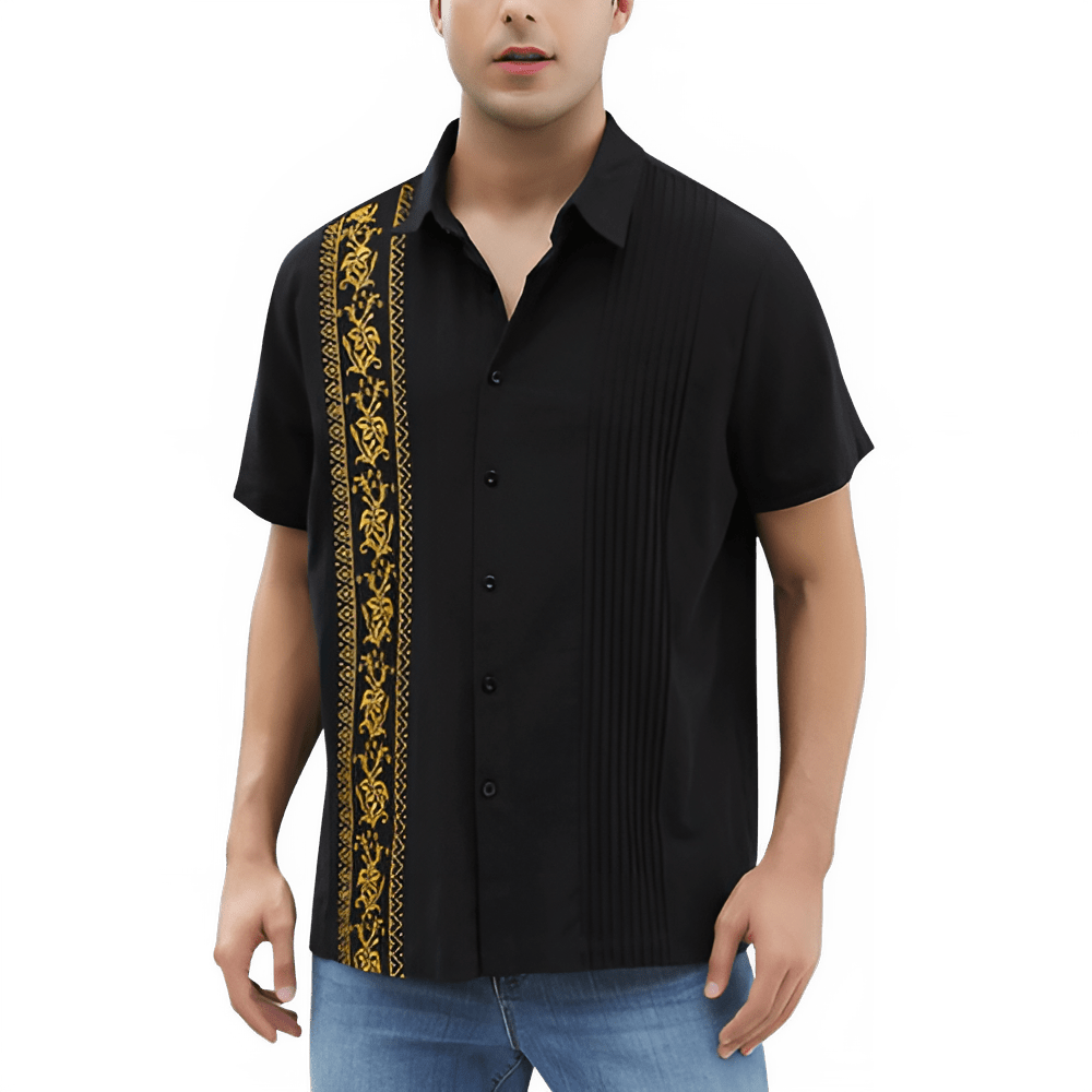 Men’s Black & Gold Guayabera Shirt – Traditional Mexican Elegance - CasualFlowshop