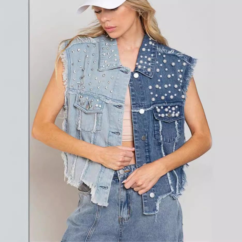Splicing Beads Loose Women's Short Denim Vest - CasualFlowshop
