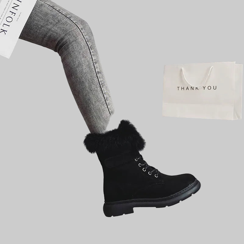 Women wearing faux fur winter platform boots with lace-up front, casual cold-weather outfit.