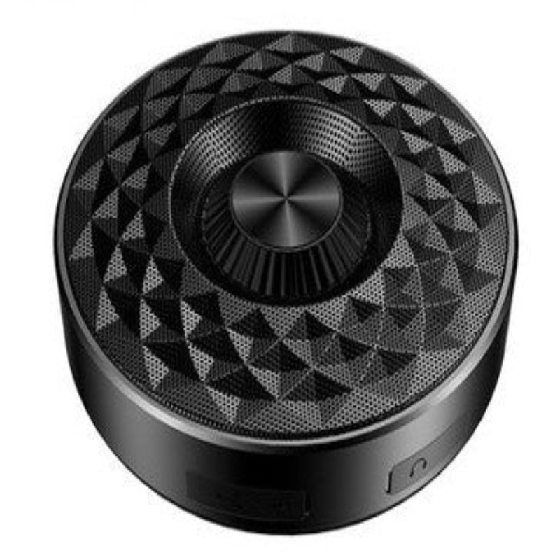 A compact and portable mini wireless Bluetooth speaker with a black color scheme, featuring a geometric pattern on the top surface and a metal grill.