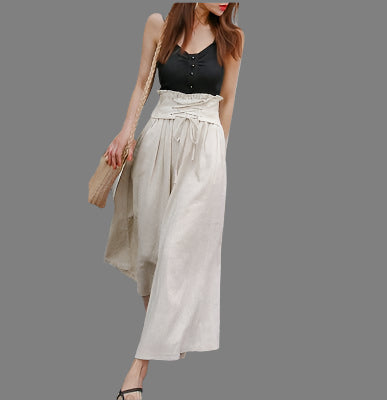 Lace - up high waist wide leg pants trousers - CasualFlowshop