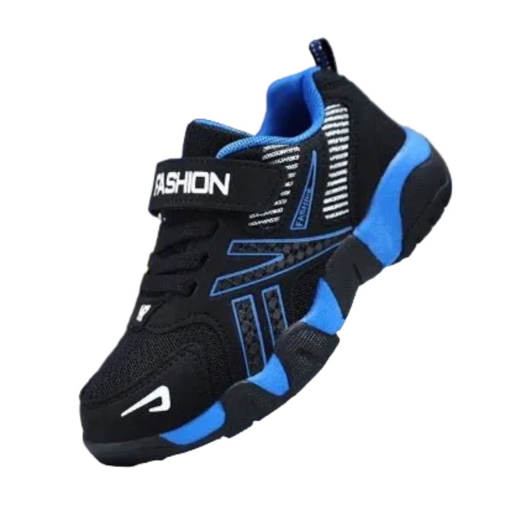 A pair of kids' sport sneakers with a black and white design, featuring a lace-up closure and the word 'FASHION' printed on the side.