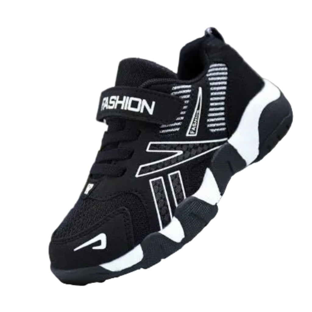 A pair of kids' sport sneakers with a black and white design, featuring a lace-up closure and the word 'FASHION' printed on the side.
