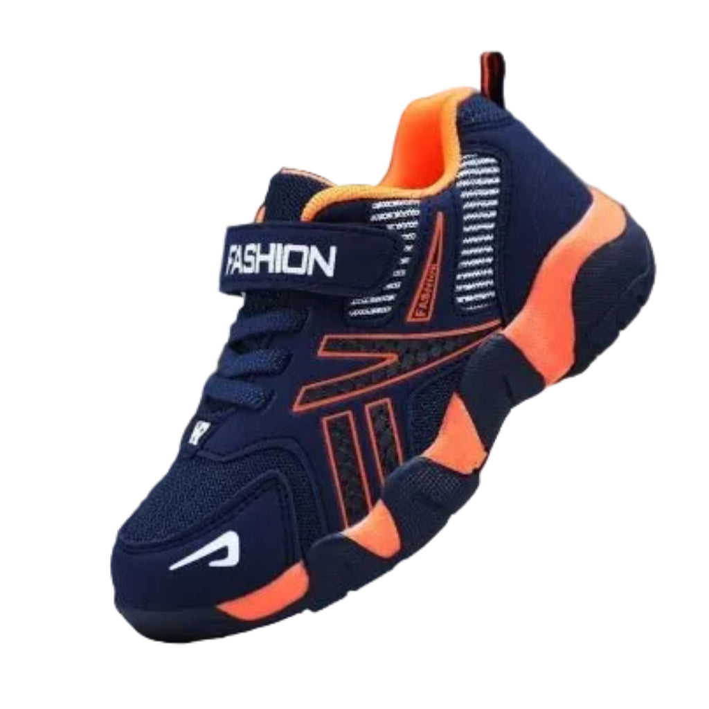 A pair of kids' sport sneakers with a black and white design, featuring a lace-up closure and the word 'FASHION' printed on the side.