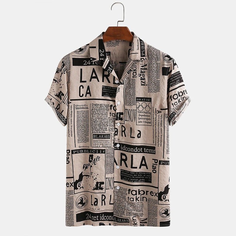3XL Men’s Vintage Newspaper Print Hawaiian Shirt – Bold & Relaxed Style - CasualFlowshop