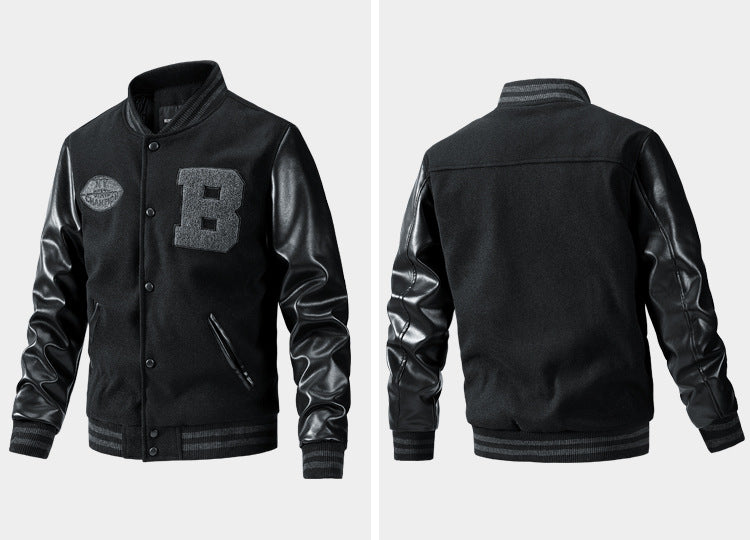 Black varsity American Baseball Jacket with leather sleeves on a white background