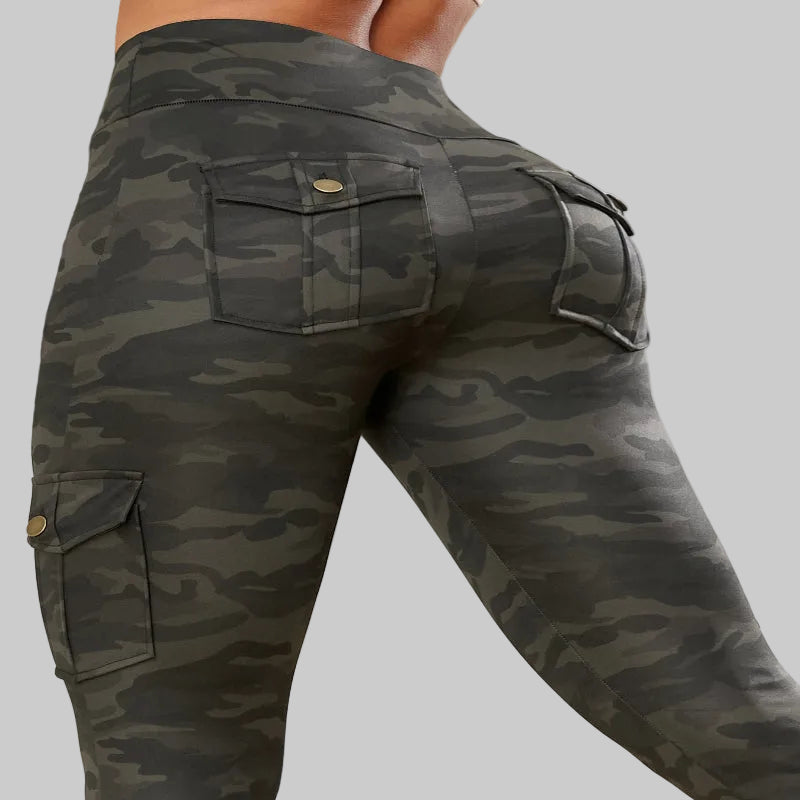 Camouflage cargo pants worn by a person with a neutral background