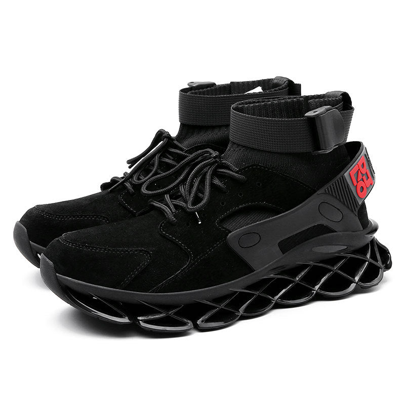 Men’s black high-top non-slip blade sole work sneakers with cushioned lattice outsole