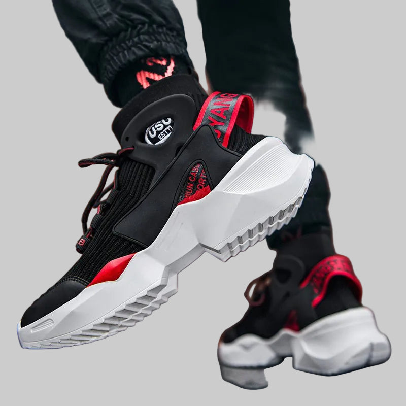 Men’s Streetwear Sock Sneakers – White & Red High - Tops - CasualFlowshop