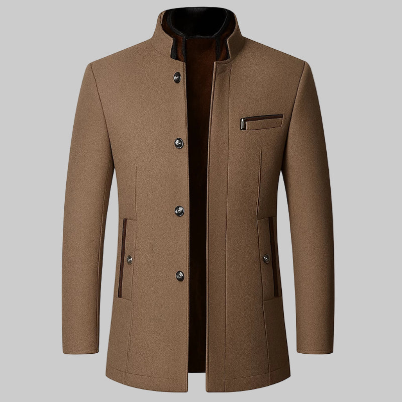 Brown coat with button details on a white background
