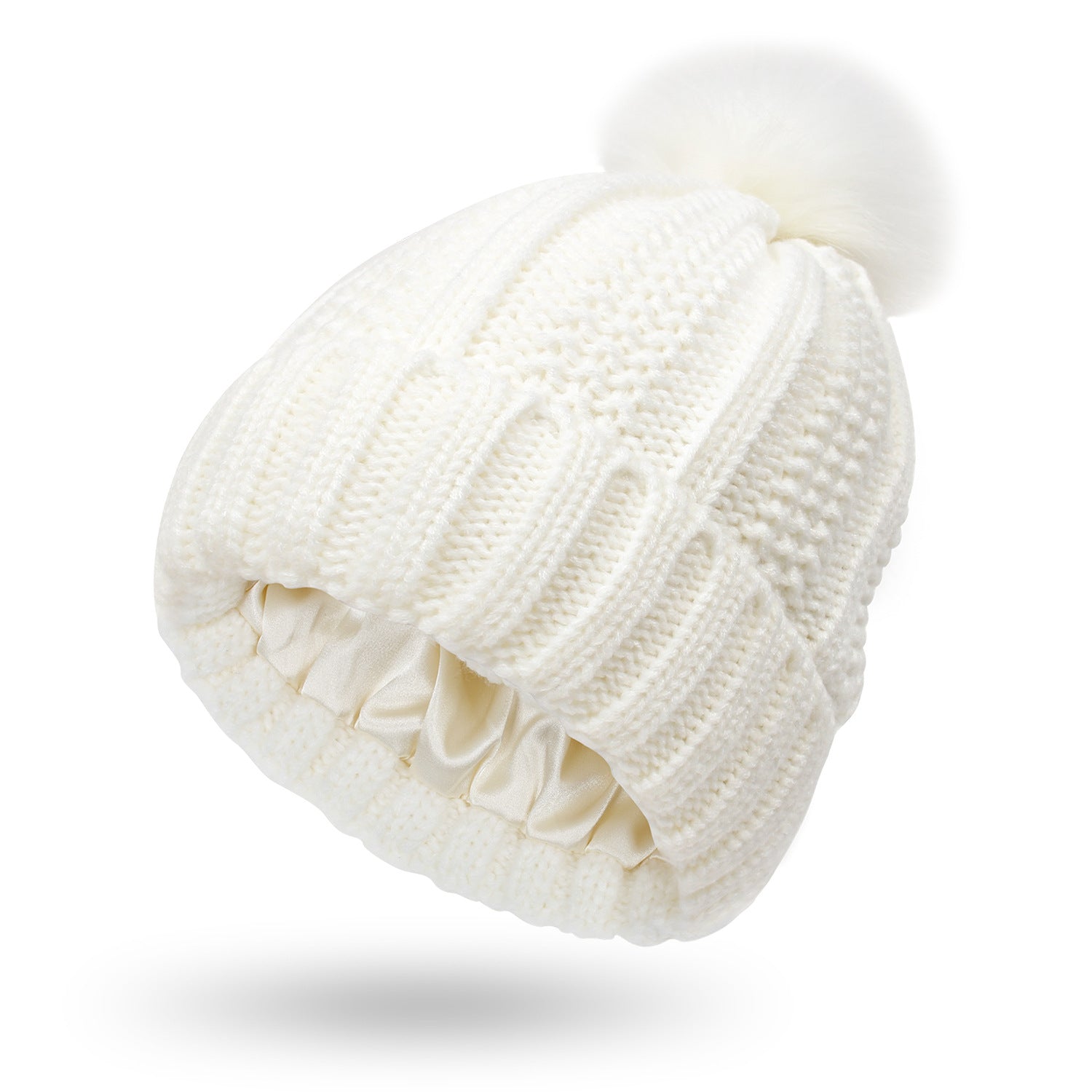 Ensure all product images have descriptive alt text, such as "Women's satin-lined knit beanie with faux fur pom