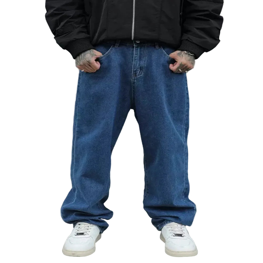Urban cool jean pants – side profile view dark blue denim
