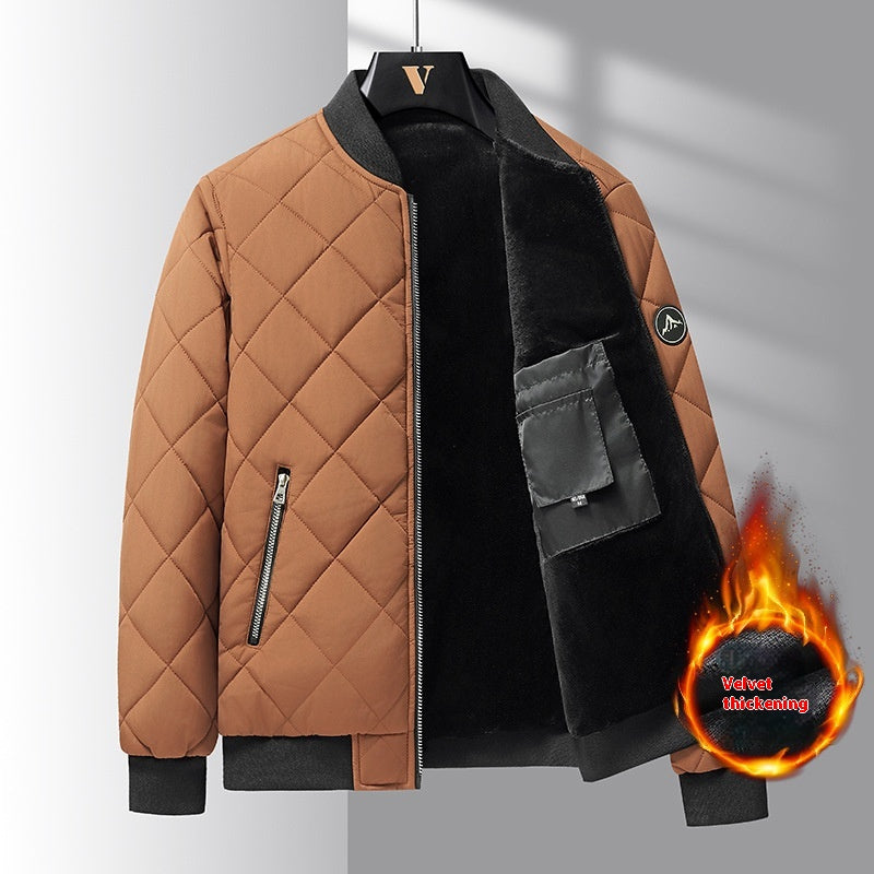 Brown Men’s Quilted Cotton Winter Jacket with black interior on a gray background