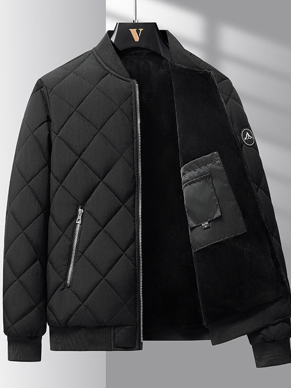 Black Men’s Quilted Cotton Winter Jacket on a hanger against a gray background