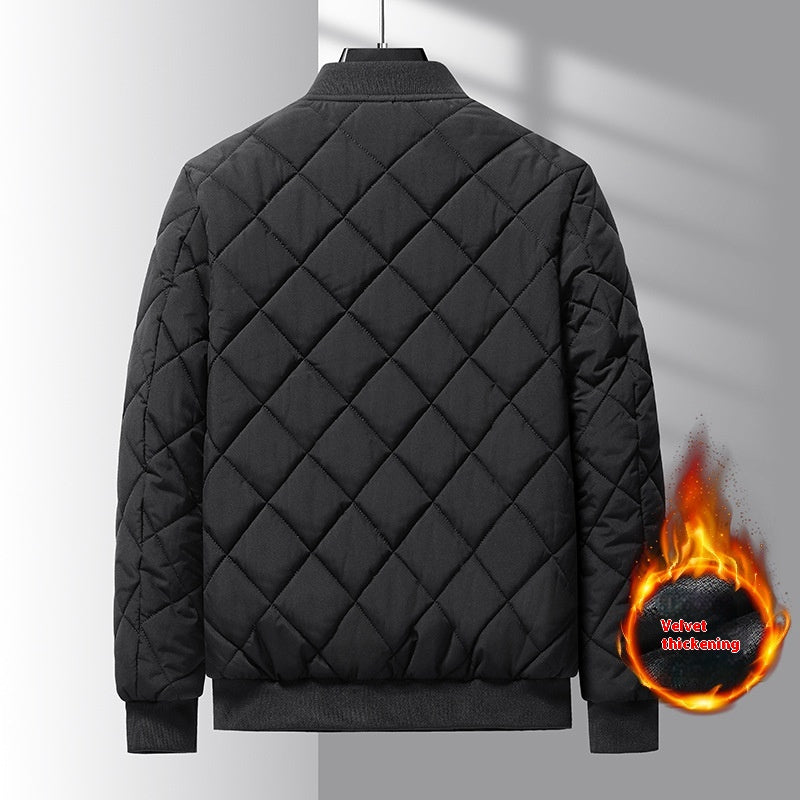 Black Men’s Quilted Cotton Winter Jacket on a gray background with flame graphic and 'Velvet Revolution' text.
