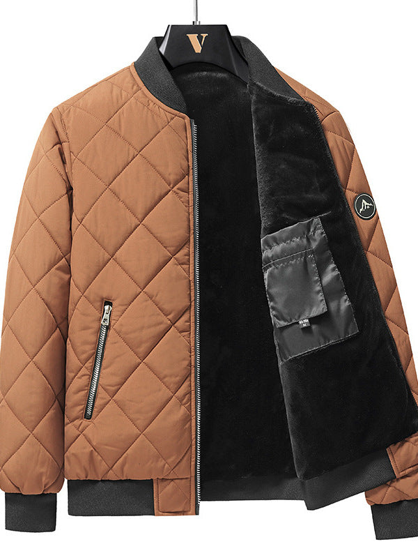 Brown Men’s Quilted Cotton Winter Jacket with black interior on a hanger against a white background